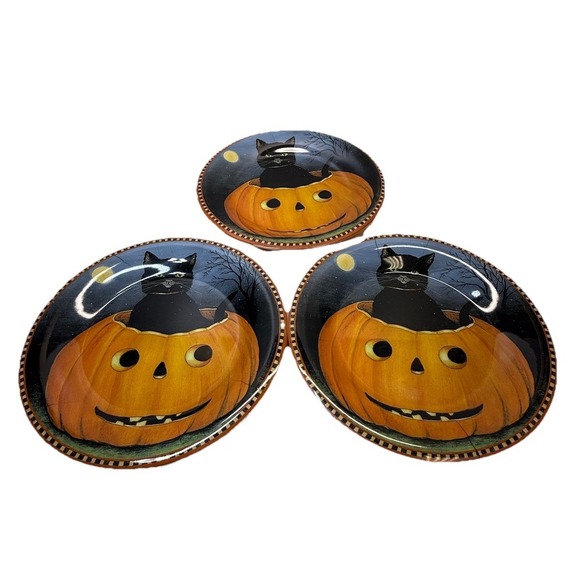 Vintage Melamine Halloween Black Cat Pumpkin Jack o Lantern Plate 9" Set Of 3 - Picture 4 of 6